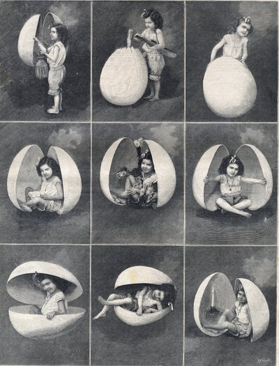 Ovos de Páscoa: uma menina dentro de um ovo. Gravura em "Le Petite Parisien". de Anonymous Anonymous