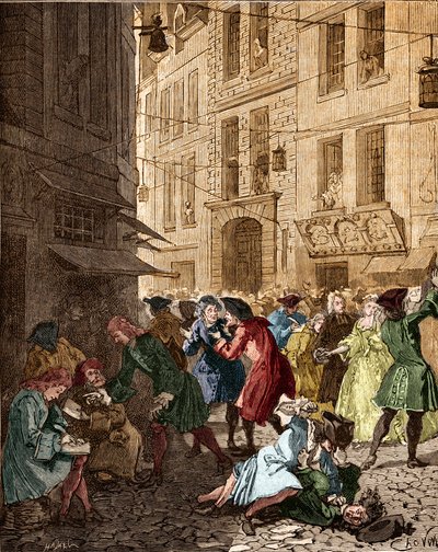 Sistema econômico: a bolha especulativa na época do sistema jurídico, os agiotores da rue Quincampoix - Paris IVth ardt. A Rua Quincampoix era na época do sistema de John Law (1671 - 1729). "A agagiotage na Rua Quincampoix (a falência causou de Anonymous Anonymous