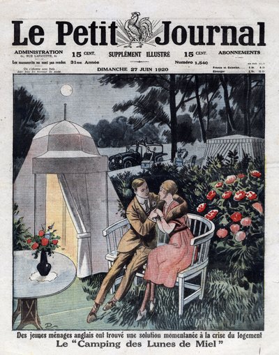 Economia e inflação na Inglaterra: casal em um acampamento de lua-de-mel criado perto de Londres para responder à crise habitacional. Capa do "Le petit journal" de 27/06/1920. Coleção Particular de Anonymous Anonymous