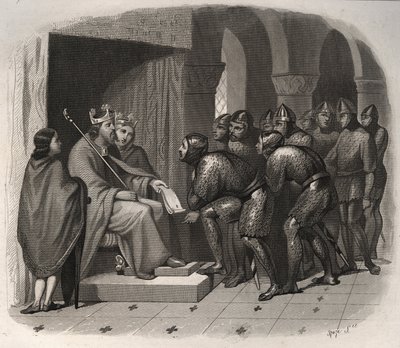 Eduardo o Confessor (um dos últimos reis anglo-saxões da Inglaterra) - São Eduardo o Confessor (1004-1066) dando novas leis ao seu povo. Gravura de 1846 em "Vidas dos Santos". Coleção privada. de Anonymous Anonymous
