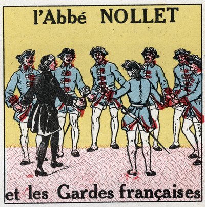 Condensadores eléctricos: concussão causada por condensadores. Experiência da garrafa de Leiden por Abbe Jean Antoine Nollet (Jean-Antoine) (1700-1770), físico francês em Versalhes, onde 180 guardas foram atingidos ao mesmo tempo em 1746. Ilustração anônim de Anonymous Anonymous