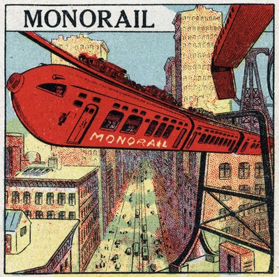 Ferrovias elétricas: projeto de um monotrilho circulando em uma cidade. Ilustração anônima de 1925. Coleção particular. de Anonymous Anonymous