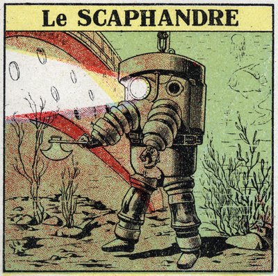 Ferramentas eléctricas: um scaphandler no fundo da água utilizando um projector de luz para avançar. Ilustração anónima de 1925. Colecção privada. de Anonymous Anonymous