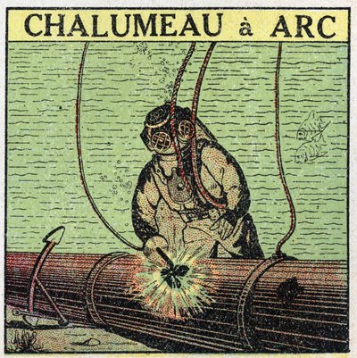 Ferramentas eléctricas: lanterna de arco utilizado por um scaphandler no fundo da água. Ilustração anónima de 1925. Coleção privada. de Anonymous Anonymous