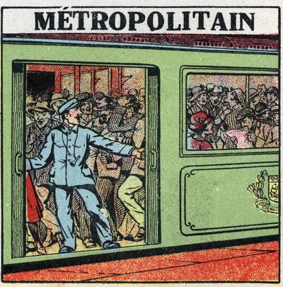 Eléctricos: passageiros empilhados no Metropolitain em Paris. Ilustração anônima de 1925. Coleção privada. de Anonymous Anonymous