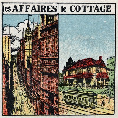 Eléctricos: linha de eléctrico na cidade (esquerda) e no campo (direita). Ilustração anônima de 1925. Coleção particular. de Anonymous Anonymous