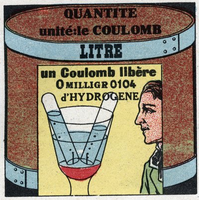 Unidades eléctricas: Coulomb para medir a quantidade de electricite. Ilustração anónima a partir de 1925. Coleção privada. de Anonymous Anonymous