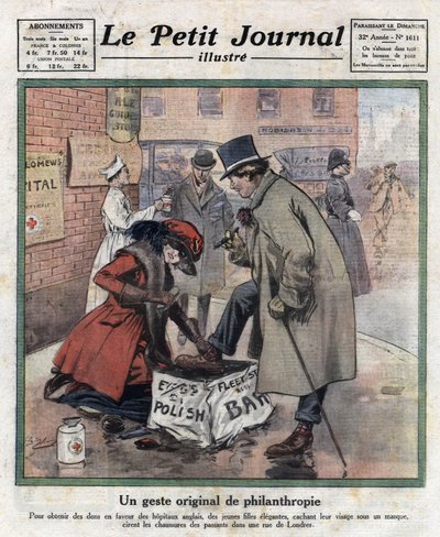 Jovens elegantes, o rosto delas se esconde atrás de uma máscara, depilam os sapatos dos transeuntes londrinos para angariar dinheiro para hospitais ingleses. Ilustração retirada do "Le petit journal illustrious" de 11/06/1921. Coleção Particular de Anonymous Anonymous