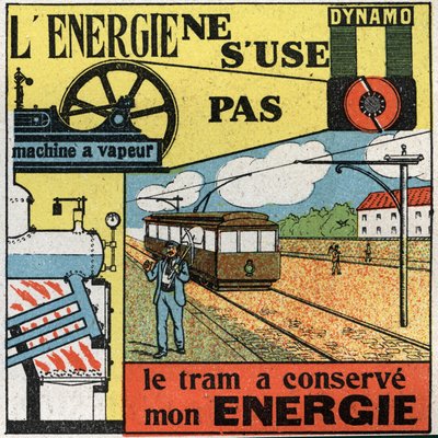 A energia não se gasta: a produção de electricidade com um dínamo alimentando a máquina a vapor de um eléctrico. Ilustração anónima de 1925. Coleção privada. de Anonymous Anonymous
