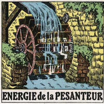Energia da gravidade: roda de um moinho de água. Ilustração anónima de 1925. Colecção privada. de Anonymous Anonymous