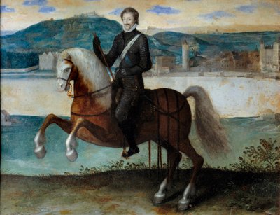 Retrato equestre de Henri IV (1553-1610) em frente a Paris (1594). Pintura anônima. h s/copper. Dim: 0,25 x 0,31m. Paris, Musee Carnavalet de Anonymous Anonymous