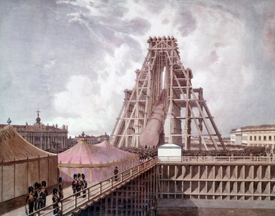 Erecção da Coluna de Alexandre I na Praça do Palácio (São Petersburgo). Pintura da escola russa de Anonymous Anonymous