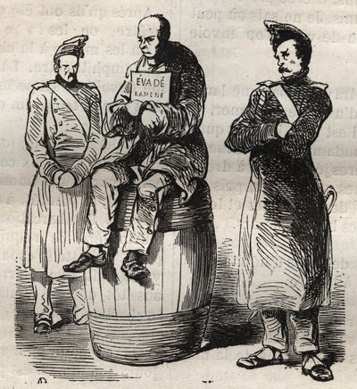 Exposição de uma fuga forçada (Evade retornou) no Toulon Bagne no século XIX. Gravação em "Histoire des bagnes depuis leur création à nos jours" (1877) de Pierre Zaccone (1817-1895) (Colonia Penale - colônia penal). Coleção particular. de Anonymous Anonymous