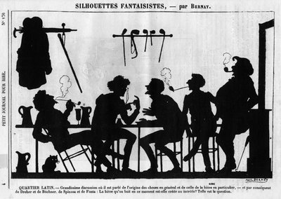 Silhuetas fantásticas de Bernay. Desenho animado sobre os intelectuais parisienses: "Latin Quarter". Grande discussão onde se fala sobre a origem das coisas em geral e da cerveja em particular..." Gravura em "Petity Journal pour Rire". de Anonymous Anonymous