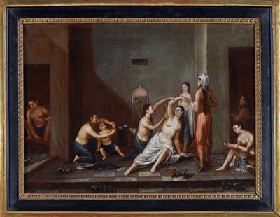 "Ladies in the Hammam" Pintura anónima 1741 - Óleo sobre tela, 39x53 - Colecção Privada de Anonymous Anonymous
