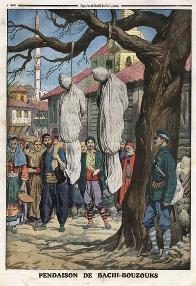 Primeira guerra dos Balcãs (Balkan): enforcamento de Bachibuzuk (Bachibuzuk, Bachi Buzuk), cavaleiros mercenários do exército otomano, ladrões e saqueadores, capturados pelo exército búlgaro na aldeia de Ketcheukeli. Ilustração retirada do "Le Petite Journ de Anonymous Anonymous