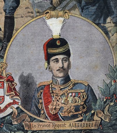 Primeira Guerra Mundial 1914-1918 (14-18): Retrato do Príncipe Regente da Sérvia Alexandre, que se tornou Rei Alexandre I da Jugoslávia ou Alexandre II da Sérvia (1888-1934). Gravura no "Le Petite Journal" (Revista Le Petite) de Anonymous Anonymous