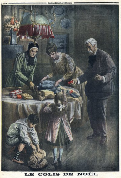 Primeira Guerra Mundial 1914-1918 (Guerra 14-18). Presente de Natal: As crianças recebem e desembalam os pacotes que receberam do pai no campo de batalha na véspera de Natal. No "Le Petite Journal", em 24/12/1916. Coleção Privada de Anonymous Anonymous