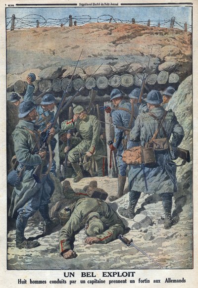 Primeira Guerra Mundial 1914-1918 (Guerra 14-18). Oito soldados do exército francês, liderados por um capitão, tomaram um forte dos alemães. No "Le Petité Journal", a 3/09/1916. Coleção Privada de Anonymous Anonymous