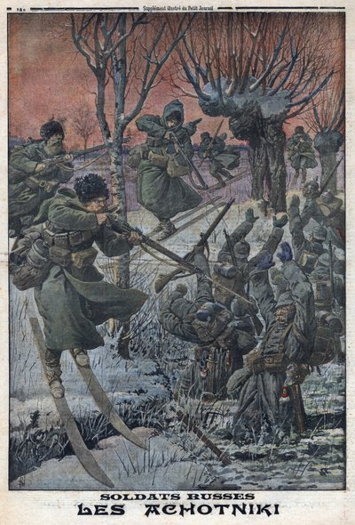 Primeira Guerra Mundial 1914-1918 (Guerra 14-18). Soldados russos Ahotniki em esquis matam soldados alemães. No "Le Petite Journal", em 23/01/1916. Coleção Privada de Anonymous Anonymous