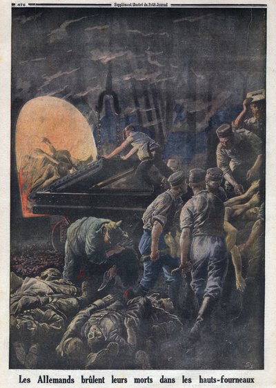 Primeira Guerra Mundial 1914-1918 (Guerra 14-18). Os Alemães queimam soldados mortos nos fornos. No "Le Petite Journal", em 23/04/1916. Coleção Privada de Anonymous Anonymous
