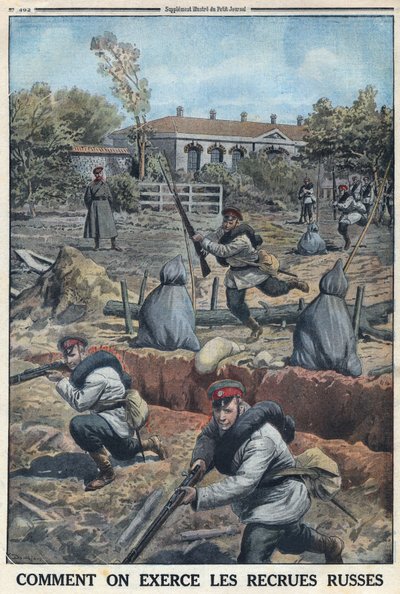Primeira Guerra Mundial 1914-1918 (Guerra 14-18). Treinamento de jovens soldados recrutados pelo exército russo. No "Le Petite Journal", em 30/04/1916. Coleção Privada de Anonymous Anonymous