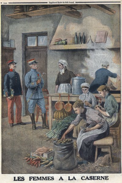 Primeira Guerra Mundial 1914-1918 (Guerra 14-18). Mulheres preparando comida nas cozinhas do quartel. Três chefs no corvee da batata, descascam as batatas. No "Le Petite Journal", em 7/05/1916. Coleção Particular de Anonymous Anonymous