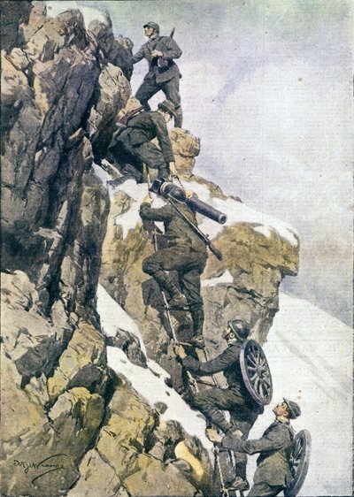 Primeira Guerra Mundial: "Caçadores alpinos italianos (alpino ou alpini) carregando material num cume dos Alpes italianos de Anonymous Anonymous