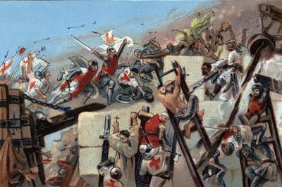 Primeira cruzada (1096-1099): a captura de Jerusalém pelos crois liderados por Godefroy (Godefroi) de Bouillon (1061-1100) em 15 de julho de 1099. Cromolitografia publicitária dos chocolates Antoine em Bruxelas, no início do século XX. Coleção Particular de Anonymous Anonymous