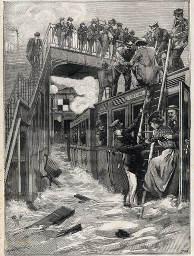 Inundação da Gare de la Chapelle na linha da pequena cintura em Paris. Gravura. Em "Le Petite Parisien". de Anonymous Anonymous