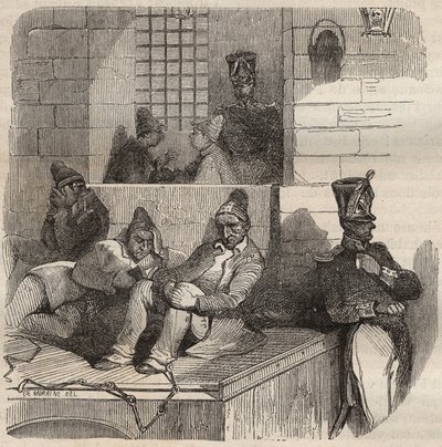 Forcat para descansar no Rochefort Bagne no século XIX. Gravação em "Histoire des bagnes depuis leur création à nos jours" (1877) por Pierre Zaccone (1817-1895) (Colonia Penale - colônia penal) de Anonymous Anonymous