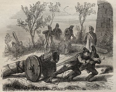 Forcats bucherons no Toulon Bagne, no século XIX. Gravura em "Histoire des bagnes depuis leur création à nos jours" (1877) de Pierre Zaccone (1817-1895) (Colonia Penale - colônia penal). Coleção particular. de Anonymous Anonymous