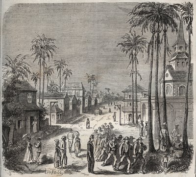 Forcats indo trabalhar no penitenciário Saint-Laurent (Saint-Laurent) em Cayenne (Guiana Francesa) no século XIX. Gravação em "Histoire des bagnes depuis leur création à nos jours" (1877) por Pierre Zaccone (1817-1895) (Colonia Penale - colônia penal) de Anonymous Anonymous