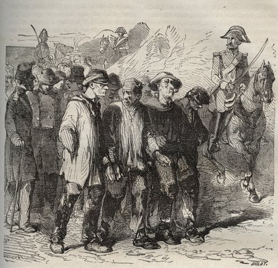 Forcats em marcha na Bagne de Rochefort no século XIX. Gravação em "Histoire des bagnes depuis leur création à nos jours" (1877) de Pierre Zaccone (1817-1895) (Colonia Penale - colônia penal). Coleção particular. de Anonymous Anonymous