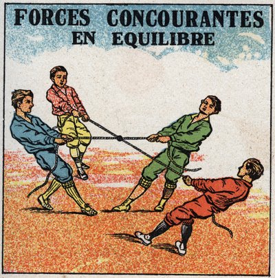 Forças: forças concorrentes em equilíbrio. Crianças puxando em um anel, cada uma por uma corda de seu lado, enquanto se mantêm em equilíbrio. Ilustração anónima de 1925. Coleção privada. de Anonymous Anonymous