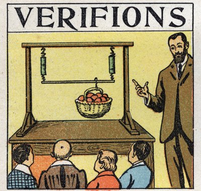 Forças: forças paralelas. Cesto de maçãs levantadas com um poste segurado por duas molas. Ilustração anónima de 1925. Colecção privada. de Anonymous Anonymous