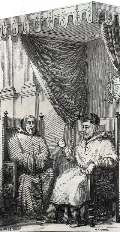 Francisco de Paula, fundador da Ordem Católica Romana dos Mínimos e Papa Sisto IV - São Francisco de Paule (Francesco di Paola) (1416-1507), fundador da Ordem de Mínimos com o Papa Sisto IV - Gravura de 1846 em "Vidas dos Santos". Coleta privada de Anonymous Anonymous