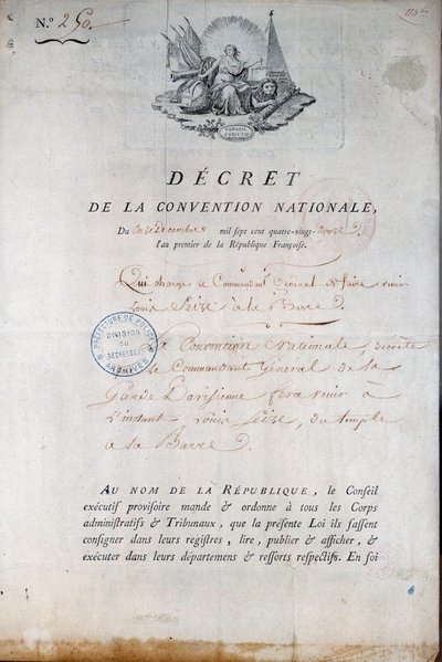 Revolução Francesa: Decreto da Convenção de 11/12/1792 que ordena a Guarda Nacional a trazer o Rei Luís XVI da Prisão do Templo para a corte. Paris. Prefeitura de Polícia de Anonymous Anonymous