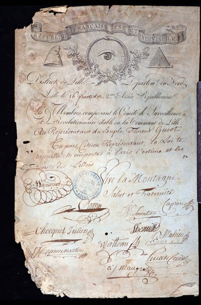 Revolução Francesa: atestado de cidadania de Guiot de Saint-Florent (Saint Florent) dit Florent-Guiot (ou Florent-Guyot) (1735-1834), revolucionário e representante do povo, pelo Comitê Revolucionário de Lille, de 16 anos II (09/02/1 de Anonymous Anonymous