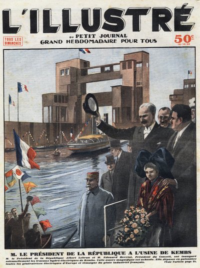 Indústria francesa: Albert Lebrun (1871-1950), presidente da República e Edouard Herriot (1872-1957), presidente do conselho inaugurou a central hidroeléctrica de Kembs, no Haut-Rhin (Haut Rhin), na Alsácia. Gravação do título de "L