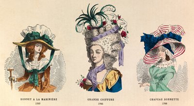 Da esquerda para o alto: Hat a la mariniere em 1787; Grande Hairstyle em 1785 e Hat Bonnette em 1786 - coleção particular de Anonymous Anonymous