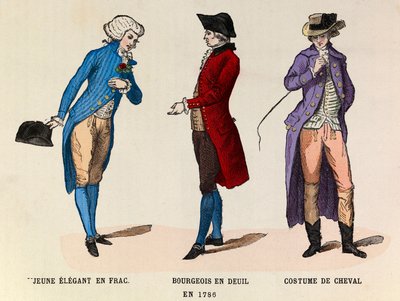 Da esquerda para a direita: Um jovem elegante em fractura; um burguês de luto e um fato de cavalo em 1786 - colecção privada de Anonymous Anonymous