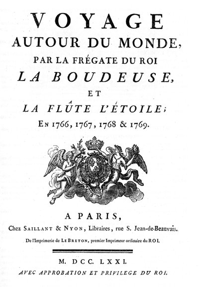 Frontispício de 1771 do livro "Voyage Around du Monde par la frigate du roi la boudeuse et la flute L
