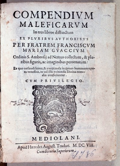 Frontispício de Compendium maleficarum de Guazzo sobre demonologia e bruxaria (gravura de Anonymous Anonymous