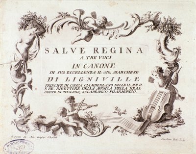 Frontispício de uma partitura musical do hino Salve regina para três vozes do marquês de Ligneville (1768) de Anonymous Anonymous