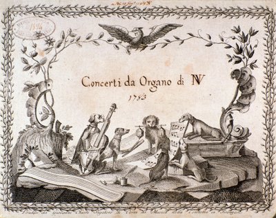 Frontispício de uma partitura musical com representação de animais tocando instrumentos musicais (1783) de Anonymous Anonymous