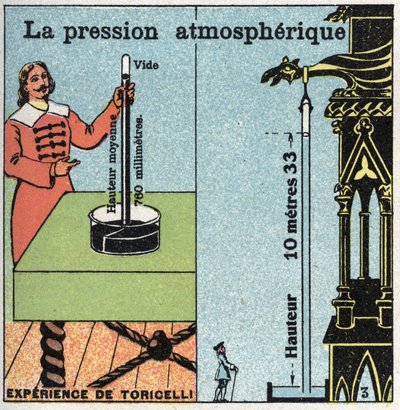 Pressão do gás: pressão atmosférica. À esquerda, a experiência do Evangelista Torricelli (ou Toricelli) sobre a pressão atmosférica medida usando seu Barômetro (tubo de mercúrio) em 1643. À direita, a experiência de Blaise Pascal (1623-1662) feita no de Anonymous Anonymous