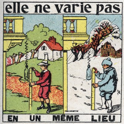 Grainness: não varia em um só lugar. Uma criança medindo a gravidade com uma primavera no mesmo lugar no verão e no inverno. Ilustração anónima de 1925. Coleção particular. de Anonymous Anonymous