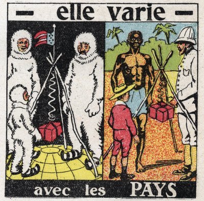 Grainness: varia com os países. Medindo a gravidade com uma mola no pólo e depois no Equador. Ilustração anônima de 1925. Coleção privada. de Anonymous Anonymous