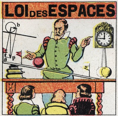 Grainness: lei dos espaços. Galileia (ou Galileu Galilei (1564-1642) observa o movimento de uma bola num plano inclinado para estudar a queda dos corpos. Ilustração anônima de 1925. Coleção privada. de Anonymous Anonymous